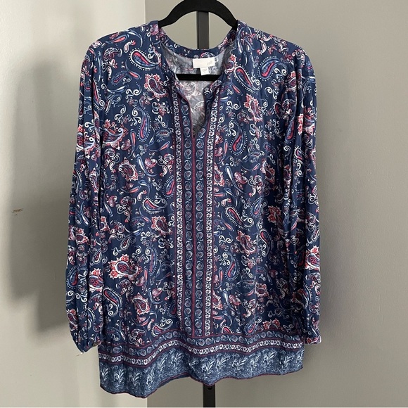 J. Jill Blue Ridge Border Print Notch Neck Tunic Size Large - Picture 2 of 4